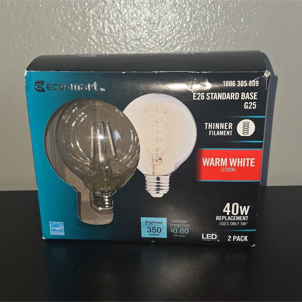 EcoSmart G25 Globe LED Bulb E26 5W 2200K Warm White 350lm Dimmable 2pk